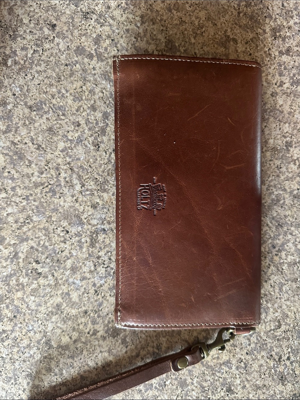 Holtz Brown Leather Wristlet Wallet with Embossed Logo